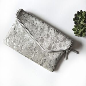 Henri Bendel Debutante Haircalf Silver Leather Clutch EUC